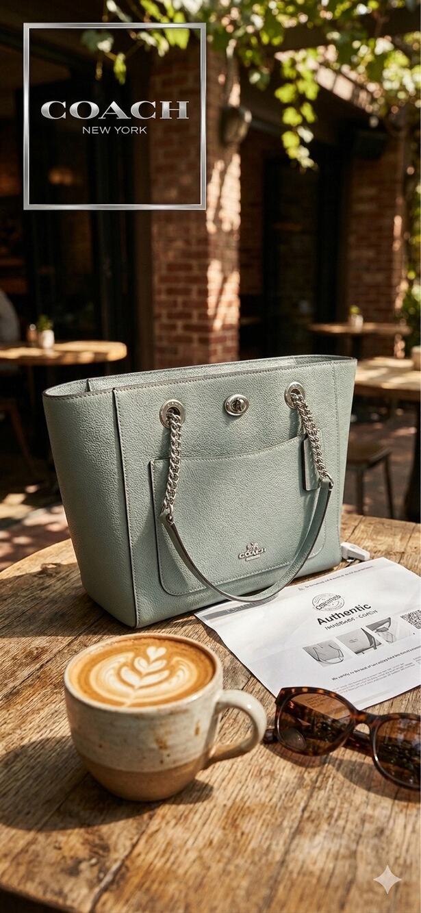 Coach Turnlock Chain Tote 27 - Sage Polished Pebble Leather NWT - AUTHENTICATED